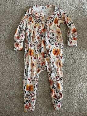 Floral Ruffle Footed One-Piece - White with Orange & Burgundy Flowers